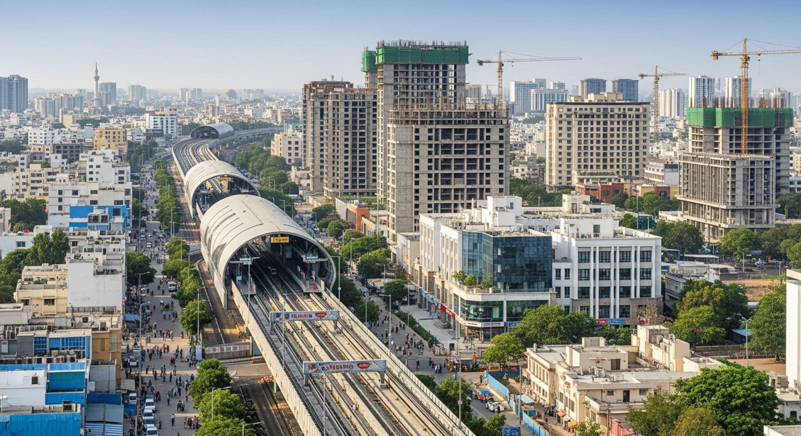 Hyderabad Metro Rail passing through a busy urban area with high-rise buildings and ongoing construction